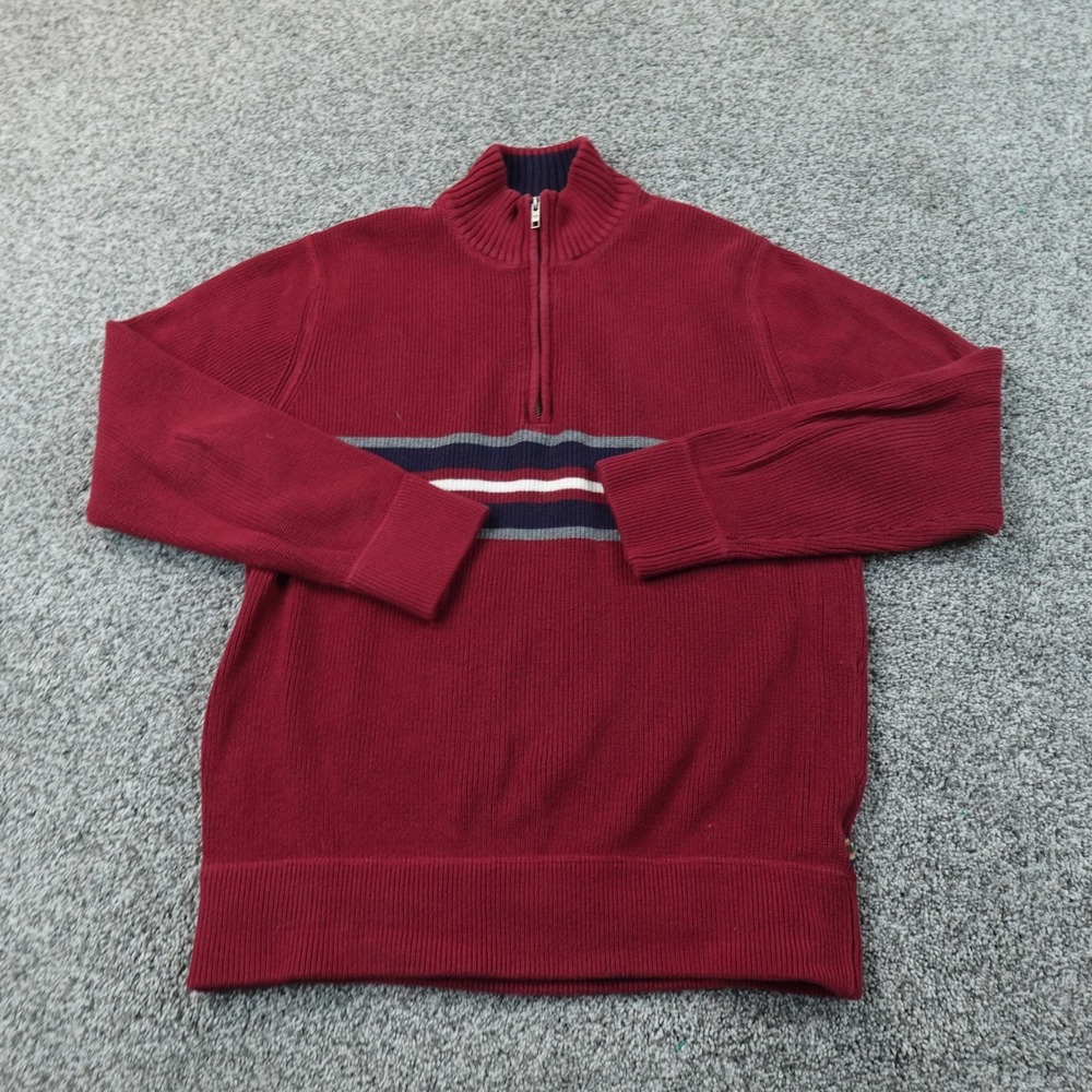Eddie Bauer Sweater Mens M Red 1/4 Zip Mock Neck Pullover Striped Knit Outdoor